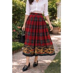 Vintage‎ Chaus Red Plaid Equestrian Pleated Midi Skirt Vintage Size 10